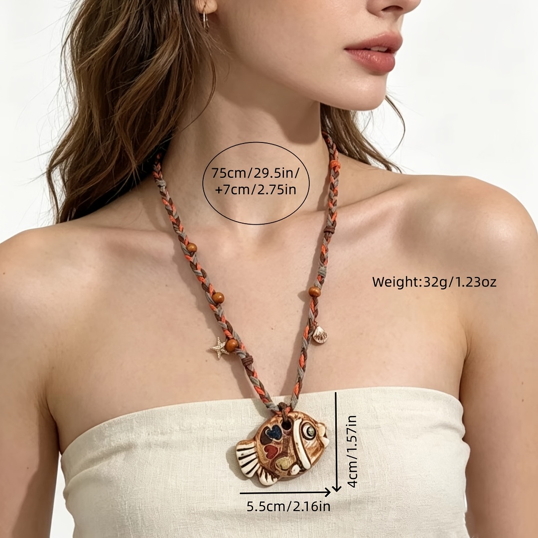 Women's Vintage Bohemian Hand-Woven Ceramic Fish Pendant Necklace
